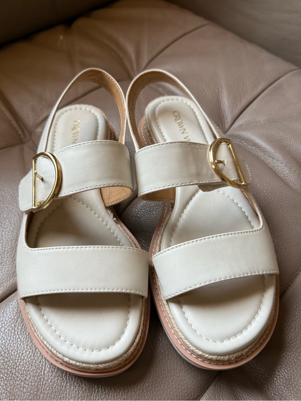 Crown Vintage Cream Leather Slingback Sandals with Gold Buckle